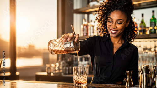 Smiling Black Female Bartender Pouring Craft Cocktail into Crystal Glass at Golden Hour Sunset Bar with Copy Space