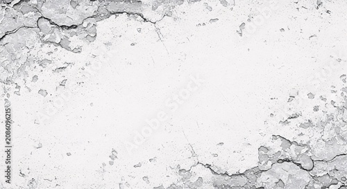 Weathered white concrete wall texture with deep cracks and peeling paint, showing a rough, aged surface with distressed industrial grunge details