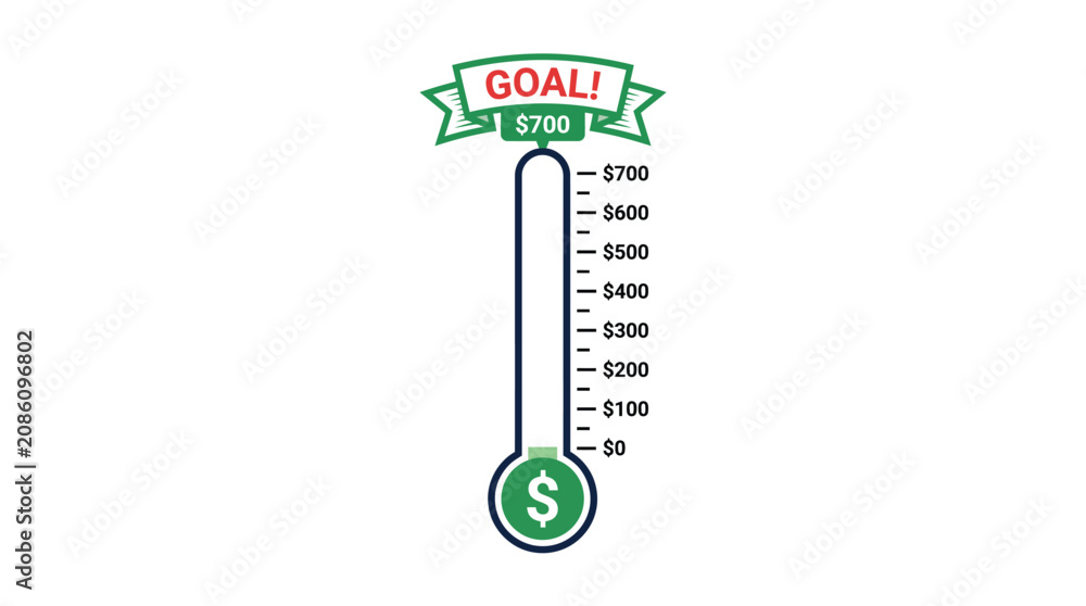 Naklejka premium A green and white financial fundraising thermometer reaching the seven hundred dollar goal status target icon