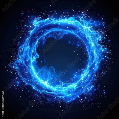 A bright blue circular energy portal with swirling smoke and twinkling particles against a dark background.