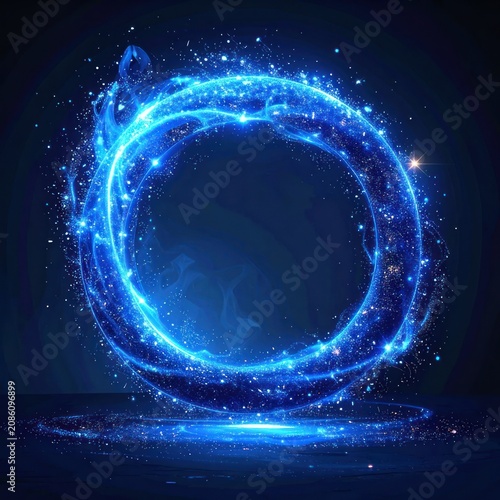 A swirling vortex of bright blue cosmic energy with sparkling particles against a dark background.