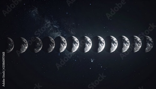 A celestial depiction showcasing the various phases of the moon against a backdrop of stars and nebulae in the vast expanse of space.