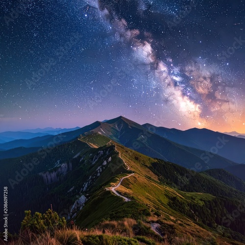 The Milky Way galaxy stretches across a star-filled night sky above a rugged mountain ridge.
