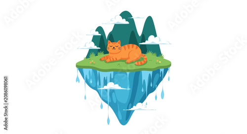 Obraz na plátně Orange tabby cat resting on a floating island with mountains and clouds