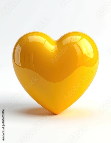 A glossy, bright yellow heart shape stands alone against a clean white background, casting a subtle shadow.