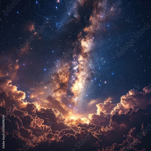 A breathtaking view of the Milky Way galaxy and stars emerges from behind a dramatic layer of glowing clouds.
