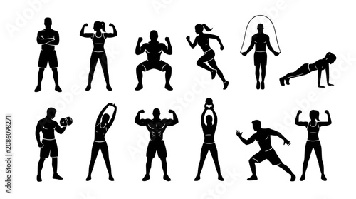 Black silhouettes of people exercising in various fitness poses vector graphic
