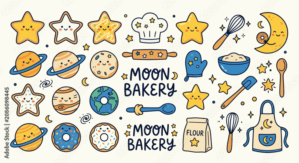 Fototapeta premium Cute Cosmic Baking Elements: Stars, Planets, Moon, Doughnuts, and Tools