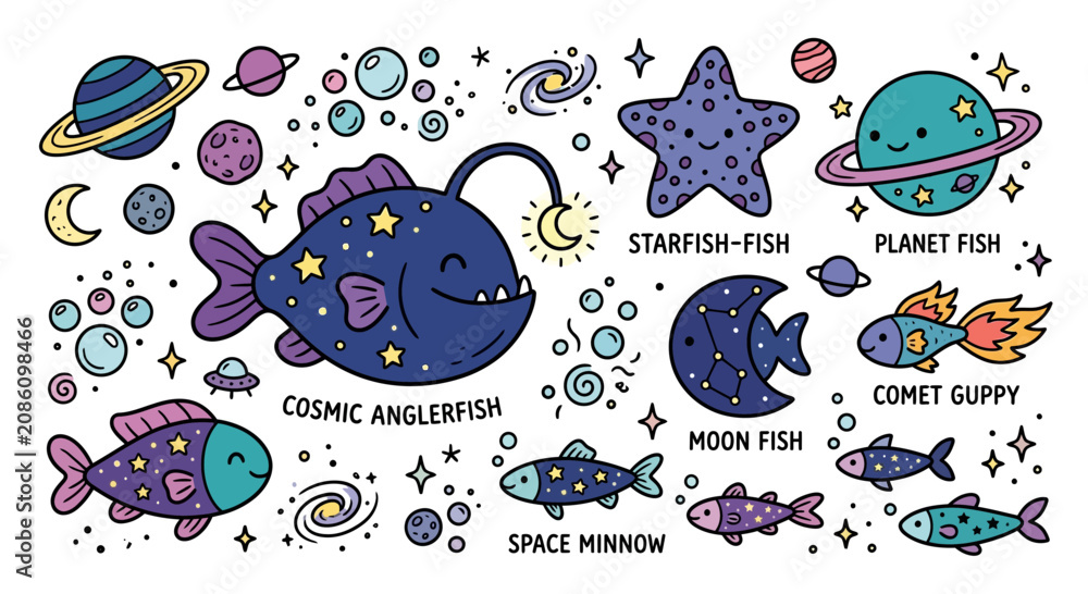 Naklejka premium Cute Cosmic Fish Characters with Planets and Stars