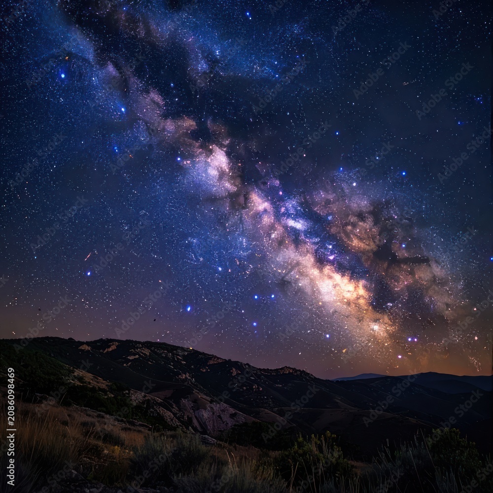 Fototapeta premium The Milky Way galaxy arcs majestically over a dark, mountainous landscape under a starry night sky.
