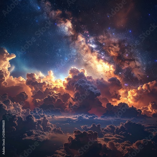 A breathtaking vista of the Milky Way galaxy seen through a dramatic sky filled with fiery clouds.