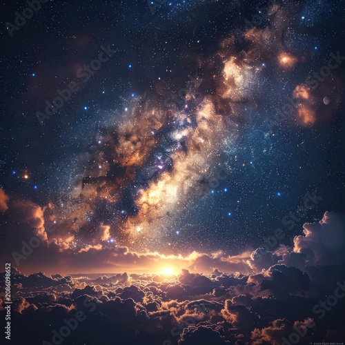A breathtaking cosmic vista unfolds, with the Milky Way galaxy ablaze with starlight above a serene blanket of celestial clouds.