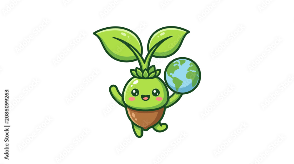 Obraz premium Cute Seedling Character Holding Planet Earth Illustration