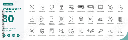 Foto cybersecurity privacy icon line style data protection editable stroke vector set