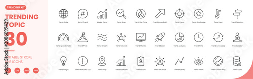 trending hot topic icon line style viral growth globe social analytics editable stroke vector set