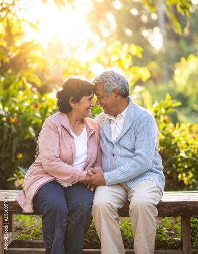 An elderly couple sits on a bench in a park, touching foreheads and smiling warmly at each other in the soft glow of the sun.