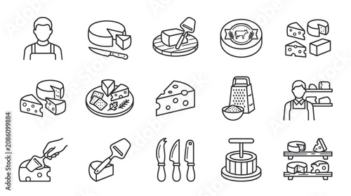 Cheese production and serving line art icons set, featuring various cheese types, tools, and a cheesemonger.