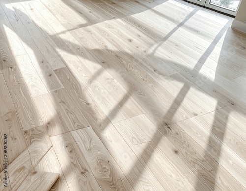 Sunlight streams across a newly installed light wood plank floor, casting geometric shadows.