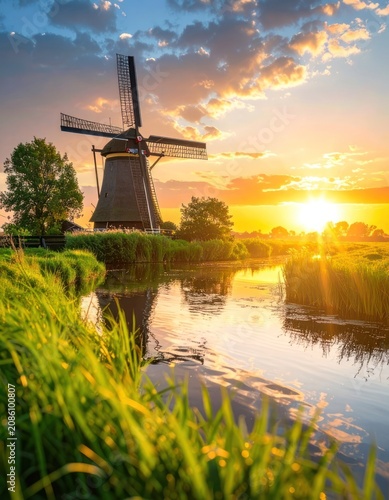 A picturesque Dutch windmill stands tall against a vibrant sunset sky, its reflection shimmering in the calm water below.
