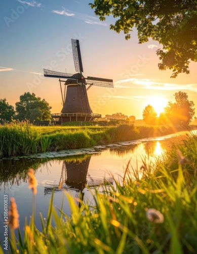 A Dutch windmill stands tall beside a calm canal reflecting the golden sunrise, surrounded by lush green fields and trees.
