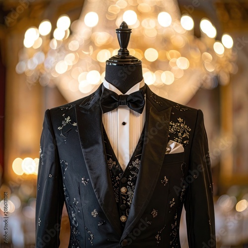 A black embroidered tuxedo on a mannequin is displayed with a bokeh background.