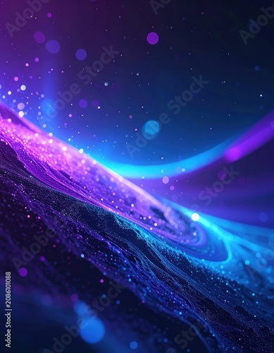 A vibrant abstract digital art piece depicts swirling cosmic dust and nebulae in shades of deep blue, electric purple, and bright cyan, illuminated by countless shimmering particles.