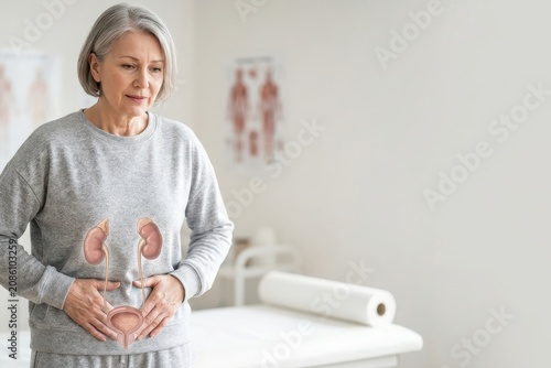 Senior Woman Concerned about Urinary Health with Kidney and Bladder Anatomy Illustration in Clinic, Website Banner for Urology Healthcare with Design Space