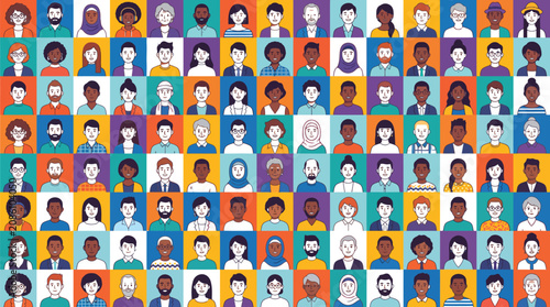 Diverse group of people portraits arranged in a colorful grid pattern for professional corporate communication