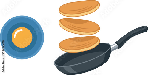 Breakfast Cooking Vector Set with Flipping Pancakes in Nonstick Frying Pan and Fried Egg Top View on Blue Plate Graphic Elements