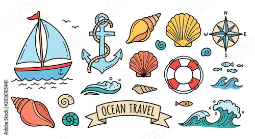 Nautical clip art: sailboat, anchor, shells, waves, compass, lifebuoy, ocean travel