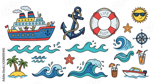 Nautical Summer Vacation Icons: Cruise Ship, Anchor, Waves, Beach Island