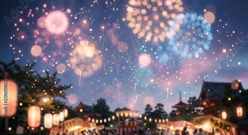 夏祭りの夜空に打ち上がる花火と提灯の街並み