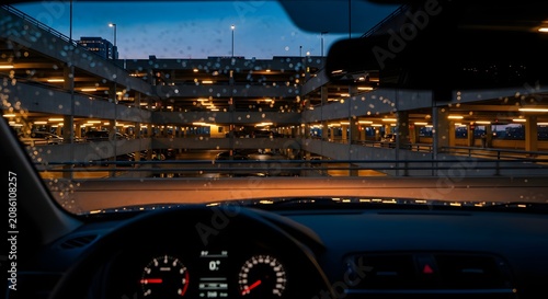 View from car dashboard of illuminated parking garage at night