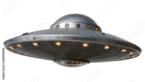Futuristic Silver UFO Hovering in Dark Space with Glowing Lights
