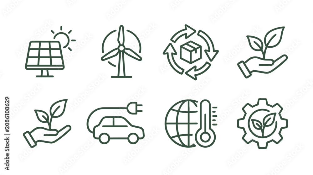 Fototapeta premium Eco-friendly Icons: Renewable Energy, Sustainability, Green Technology, Climate Change Solutions