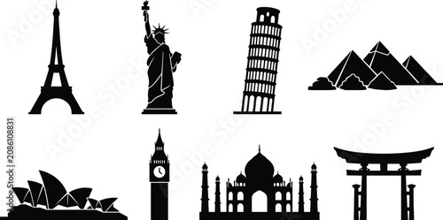 Professional world landmarks silhouette vector set featuring global monuments and famous travel destination icons