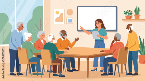 Flat vector illustration of a female healthcare volunteer holding a digital tablet while teaching a diverse group of senior citizens gathered around a wooden table in a community room.