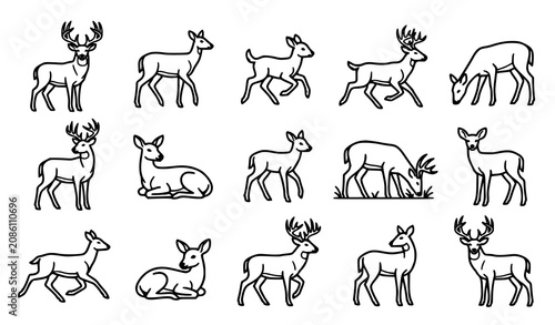 Foto Collection of whitetail deer outline icons in various poses including running gr