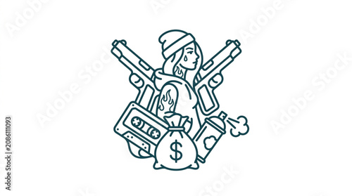 Schilderij op canvas Cartoon robber holding money bag and guns illustration.