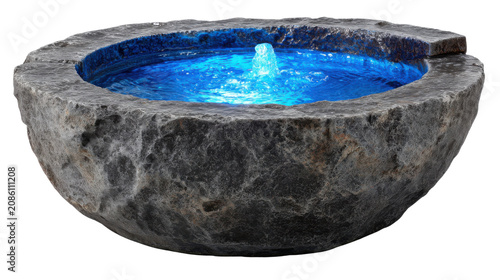 Ancient carved stone fountain basin with crystal blue water feature creating elegant garden decoration isolated for landscape projects on White background