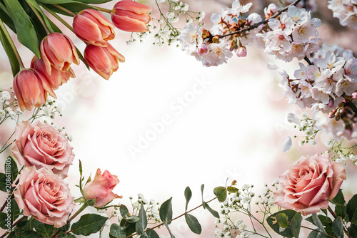 Spring Floral Frame with Pink Tulips Roses and Cherry Blossoms