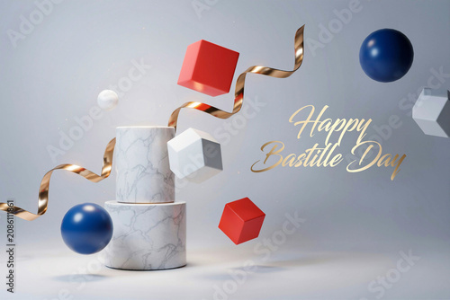 Happy Bastille Day Abstract Design with Geometric Shapes and Gold Ribbon