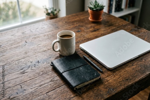 Minimalist Remote Work Workspace with Laptop Coffee Mug and Leather Notebook on Rustic Wood Desk with Copy Space for Home Office Productivity