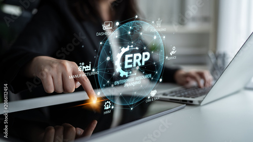 Quadro su tela ERP platform visual showing centralized system for enterprise resource planning, improving integration, data flow, business efficiency, finance, inventory, and human resources