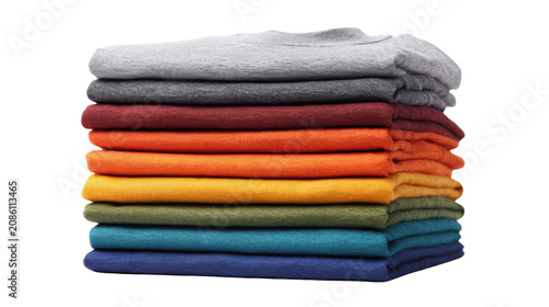 Neatly folded colorful cotton sweatshirts stacked for fashion retail clothing organization and apparel display, isolated product arrangement on White background