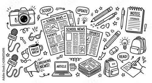 Hand-drawn news and media icons: camera, microphone, laptop, newspaper, notebook, pen, backpack