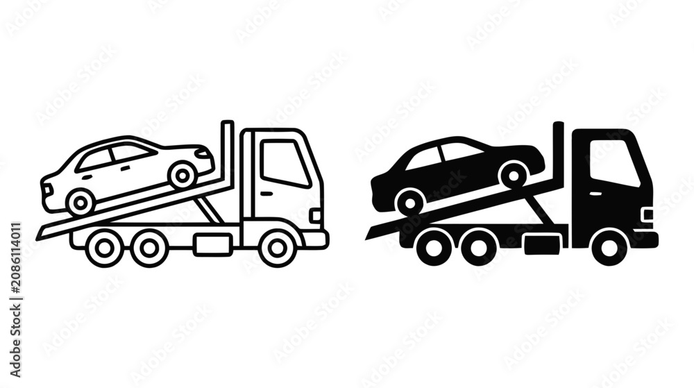 Fototapeta premium Vector illustration of tow truck icon set, flatbed vehicle for car transportation on a transparent background