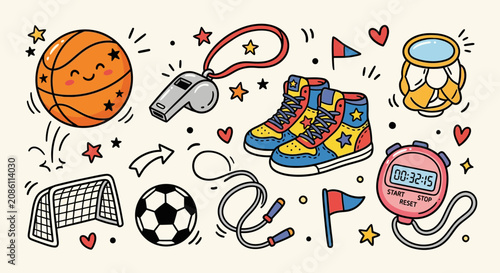 Sports doodles collection: basketball, soccer ball, shoes, stopwatch, goal, whistle