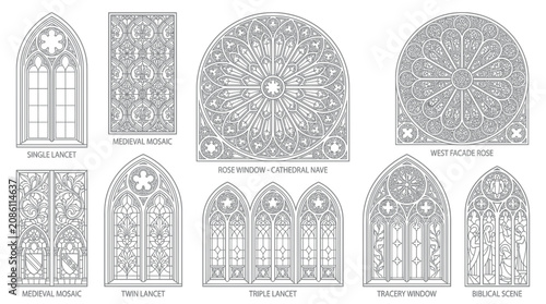 Tableau sur toile Gothic Window Styles: Lancet, Rose, Tracery, Medieval Mosaic Designs