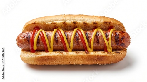 Classic grilled hot dog, a delicious American street food snack. Savory sausage in a toasted bun, topped with vibrant red ketchup and yellow mustard